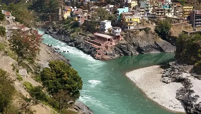 The confluence of Alaknanda and Bhagirathi in Devprayag in Uttarakhand